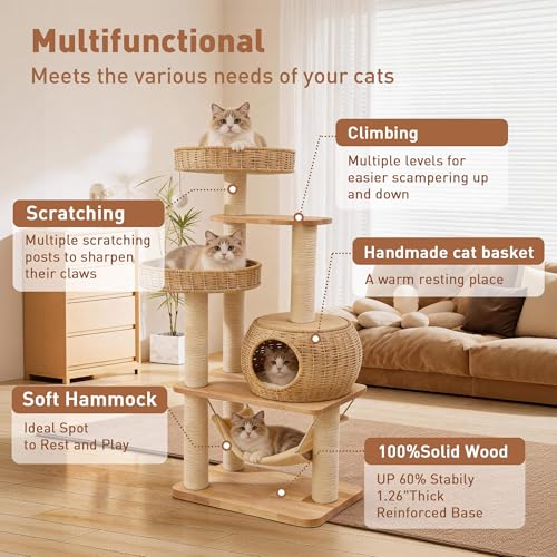 Árbol para gatos de madera de 55 pulgadas con rascador y hamaca miniatura 3