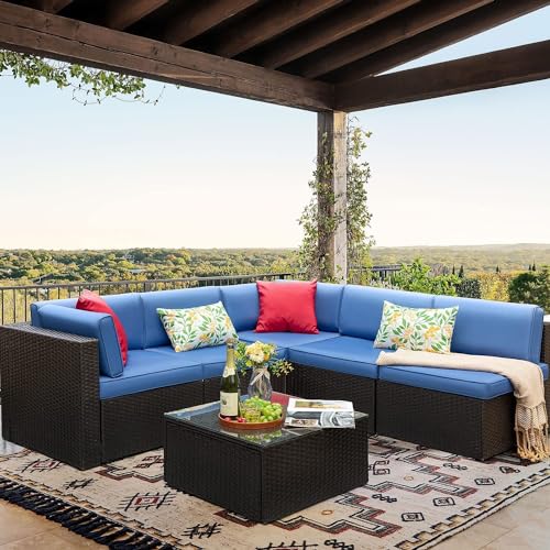 Image of 5 Seater Outdoor Patio Conversation Set Rattan&Wicker Sofa Set All Weather HDPE Seactional Couch Sofa Set Perfect for Balcony,Terrace,Garden,Backyard,Lawn (Blue)