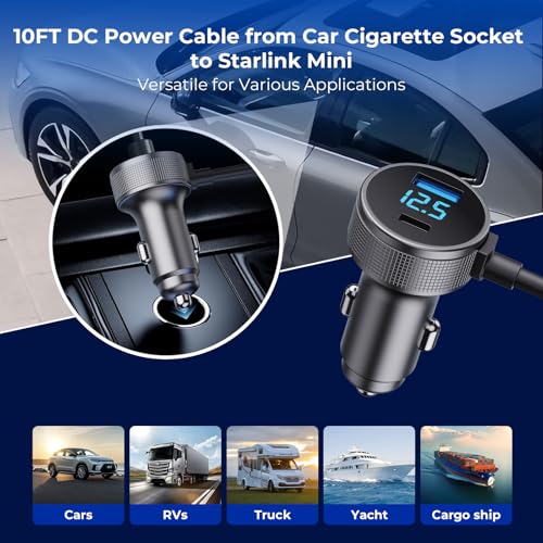 Image of Starlink Mini Cable, 3 in 1 Starlink Mini Car Charger DC Power Cable+ Cigarette Lighter Adapter 12V-48V with Digital Display, Durable USB C PD 40W and USB A 35W Ports for Trucks and Cars (10FT)
