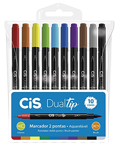 Caneta Pincel dual Tip Aquarelável com 10 cores Cis