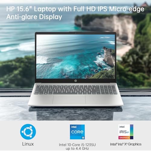 Image of HP 15.6 inch FHD Linux Laptop, Anti-Glare Display, 10-Core Intel i5-1235U, 32GB RAM, 2TB SSD + 256GB Portable SSD, KeyPad, WiFi 6, Webcam, USB-C, Linux Ubuntu OS