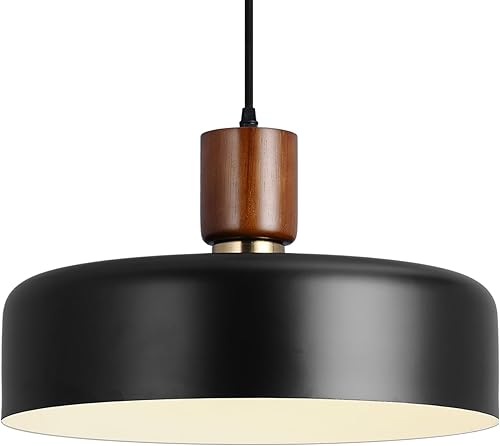 Miniatura 8 de Lámpara colgante industrial, lámpara colgante de cúpula de madera de goma con pantalla de metal martillado de 15.8 pulgadas, lámparas modernas