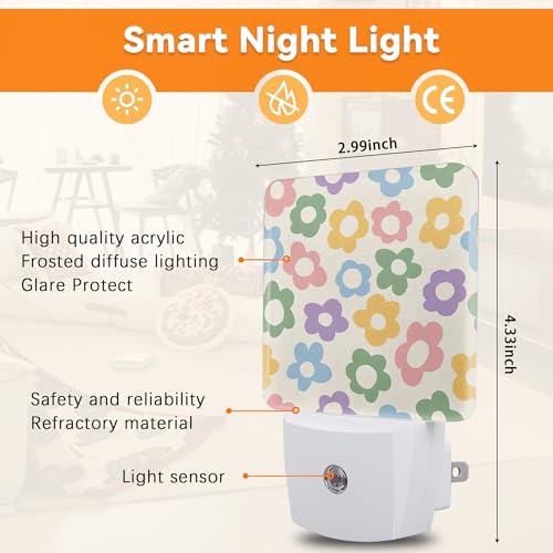 Image of Vintage Groovy Flowers Dusk to Dawn Night Light, Auto Sensor Lamp Home Indoor Stairway Kitchen Corridor, Night Lights Plug into Wall Decor, Boys Girls Women Men Room Gifts