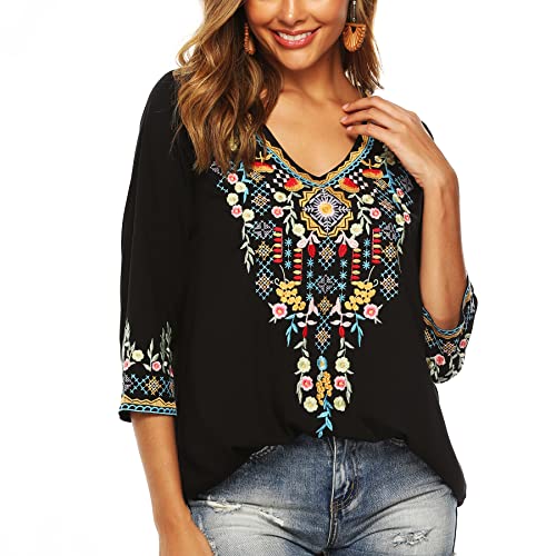 Lauraklein Womens 3/4 Sleeve Blouse Ethnic Style Floral Embroidered Tops (Black, X-Large) #TOP1