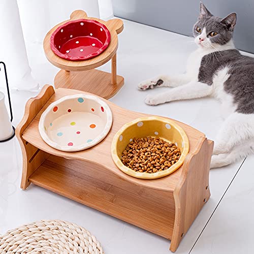 Miski dla psów urocze zwierzęta podwójna miska karma dla psa kota karma podniesiona ceramiczna miska naczynie drewniany stół artykuły dla zwierząt miska na wodę dla psa (kolor: Różowy)
