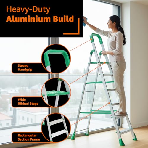 Image of Amazon Basics Clamber Pro - Foldable Step Ladder, Firm Grip, 6 Steps (Aluminium Steps, Green & Satin)