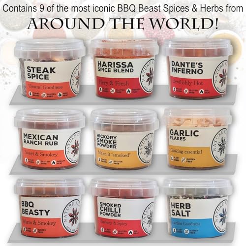 Nature Kitchen Gourmet BBQ Blends and Seasonings Gift Set. 9 Gluten Free and Vegan Barbecue Spices. Novelty Gifts for BBQ and Cooking Lovers. Perfect Food Accessories for BBQs.