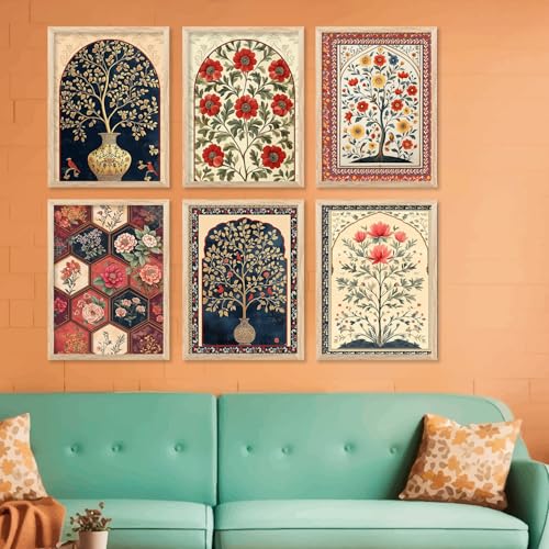 HOTHOUSE Traditional Indian Wall Art Madhubani Paintings for Living Room | Framed Wall Painting for Home Room Bedroom Office Wall Dcor | Pichwai Art Painting for Wall Decoration | Wall Poster With frames | Wall Paintings For Home Decoration | Indian Wall Art Home Decor Frames | set of 6 (Traditional 6, 10x13 inch, Framed)