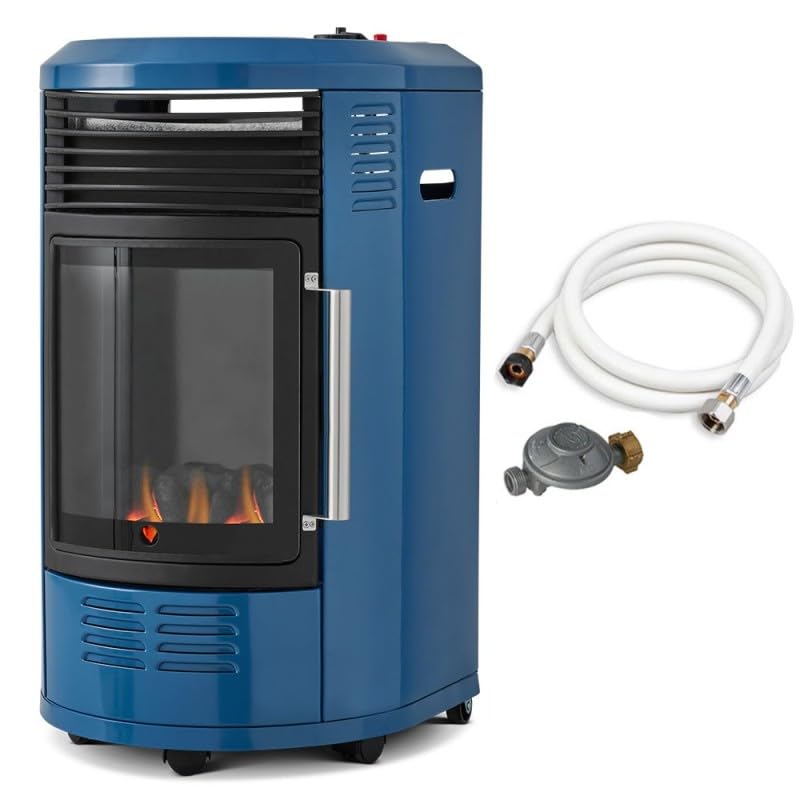 FAVEX - Chauffage d'appoint à gaz Volga Bleu émaillé - Prêt à l'emploi livré avec tuyau et détendeur - Infrableu effet feu de cheminée - 6 puissances de chauffe Thermostat - Jusqu'à 40 m²