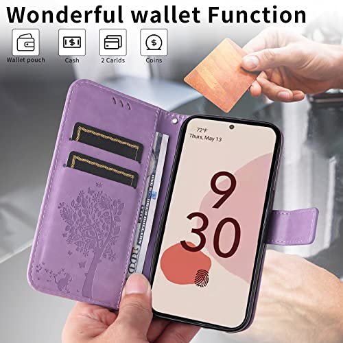 Google Pixel 7A Case,Google Pixel 7A Wallet Case,Flip Case Pu Leather Emboss Love Tree Cat Flowers Wrist Strap Credit Card Folio Kickstand Cover For Google Pixel 7A Light Purple #TOP3