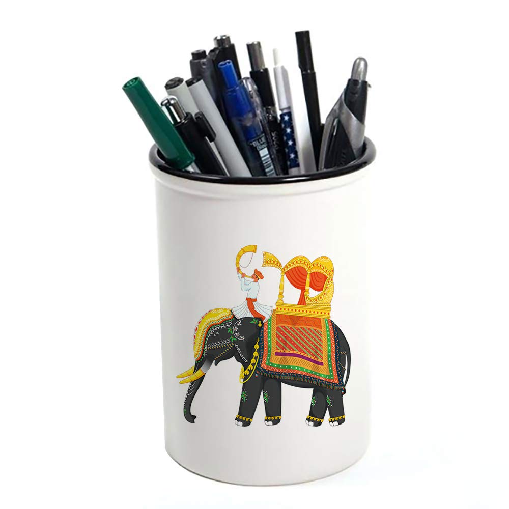 Wevow Traditional Retro Indian Elephant Oriental Ethnic Pattern Vintage Colourful Decorative Desk Tidy Accessories Pen Pot Pencil Pot Makeup Pot Birthday Gift.