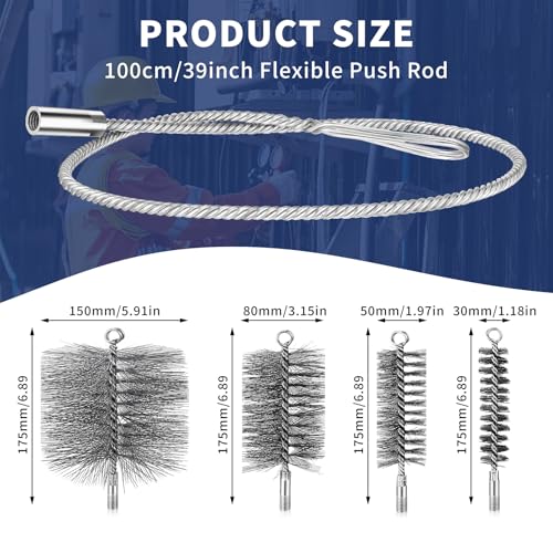 4 Stück Ofenrohrbürste Set 30/50/80/150 mm Ofenrohrbürste mit Schubstange und 1m Stahldraht Ofenrohrbürste Schornsteinbesen Set für Schornstein Kamin Ofenrohr Rauchrohr Reinigung