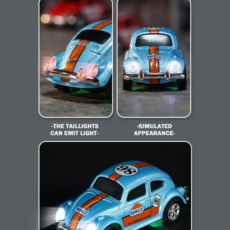 Close-up of a blue R/C car showing illuminated headlights and simulated appearance details