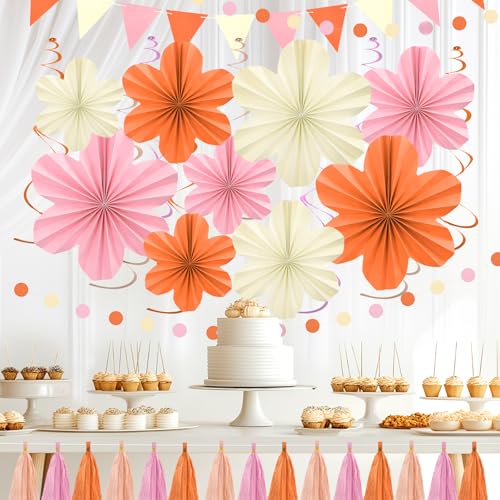 Image of Pink and Orange Party Decorations Birthday Graduation Decor Supplies | Hanging Paper Flowers Tassel Garland Swirls for Autumn Sunset Soiree Party Bachelorette Baby Shower Classroom Decor