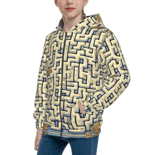 Small Labyrinth Treasure Map Print Girls Athletic Zip Up Hoodies,Sweatshirts with Pockets Long Sleeve Hooded Jackets, for 7-18 Y Black