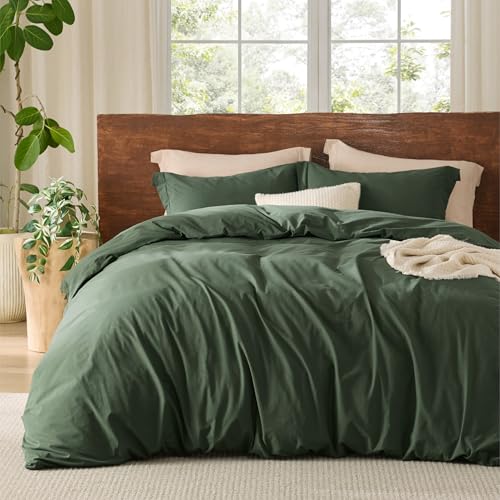 Bedsure 100% Washed Cotton Duvet Cover Queen Size - Olive Green Minimalist Cotton Duvet Cover Linen Like for All Seasons - GentleSoft™ Plain Simple Bedding (Olive Green, Queen, 90"x90")