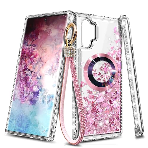 NGB Supremacy Magnetic for Samsung Galaxy Note 10 Case, Rose Gold | Compatible with Magsafe | with Diamond Wrist Strap Lanyard, Glitter Floating Liquid Cute Phone Cover
