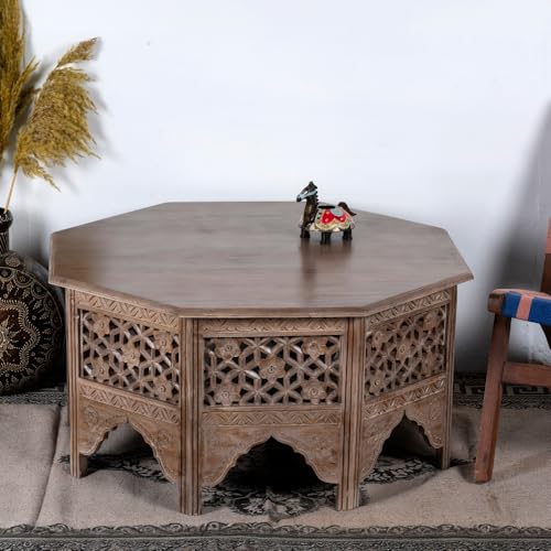Image of Wooden Coffee Table for Living Room | Solid Wood Handcrafted Center Table for Living Room with Carved Jaali Design | Tea Table for Living Room Wooden Furniture for Home (Brown Antique)