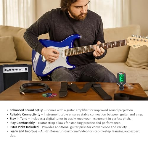 Image of Fender Squier 3 /4-Size Kids Mini Strat Electric Guitar - Blue Bundle with Amplifier, Cable, Tuner, Strap, Picks, and Austin Bazaar Instructional DVD