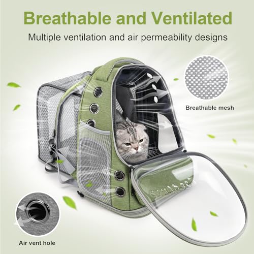 Image of Cat Backpack Carrier, Breathable Cat Carrier Large Space Bubble Pet Backpack For Kitty Small Dog Up To 15Lbs, Transparent & Foldable Pet Carrier For Travel Hiking (Square Expandable- Green)