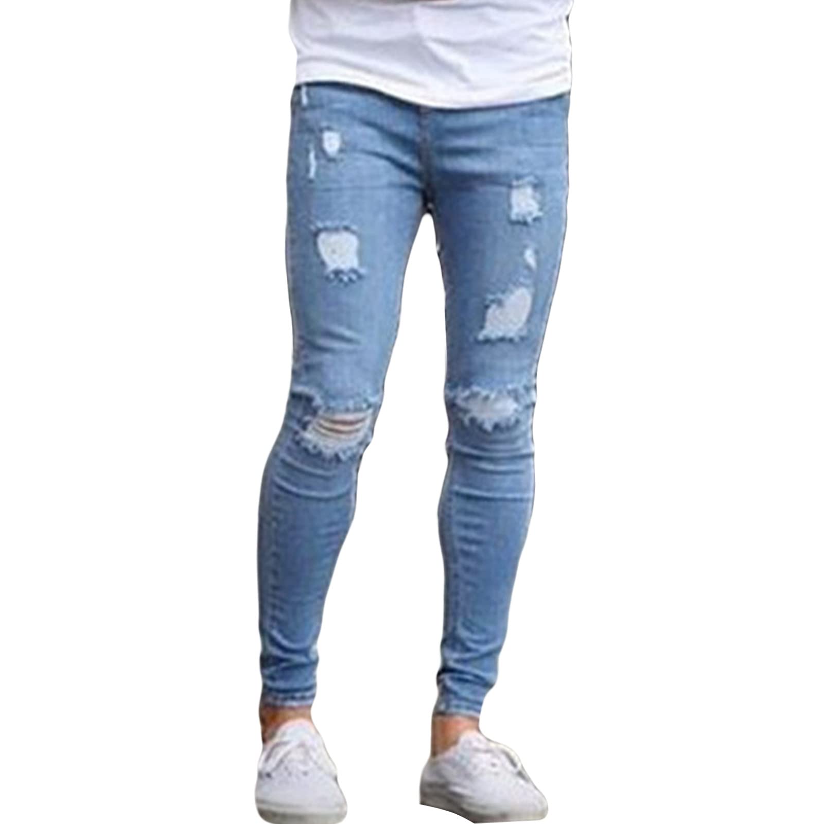 Maiyifu-GJ Men's Straight Slim Fit Ripped Jeans Skinny Distressed Destroyed Denim Pants Lightweight Stretch Moto Biker Jean (Light Blue,3X-Large)