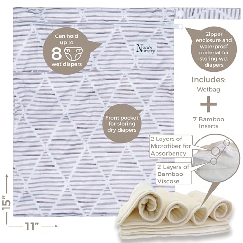 Image of Nora's Nursery Cloth Diapers 7 Pack with 7 Inserts & 1 Wet Bag - Waterproof Cover, Washable, Reusable & One Size Adjustable Pocket Diapers for Newborns and Toddlers - Oasis