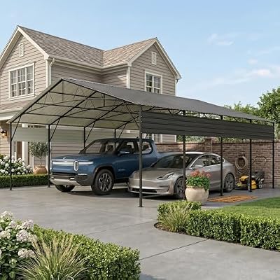 Devoko 20'x20' Metal Carport, Heavy Duty Car Canopy with Galvanized Steel Roof, Reinforced Base Frame, All-Weather Garage, Outdoor Shelter for Cars, Trucks, Boats, Tractors & RV (Black)
