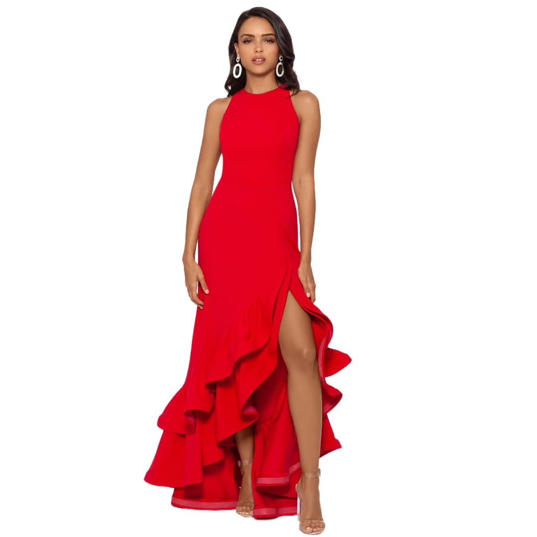 Betsy & Adam Womens Long Halter Crepe Tiered Ruffle Gown