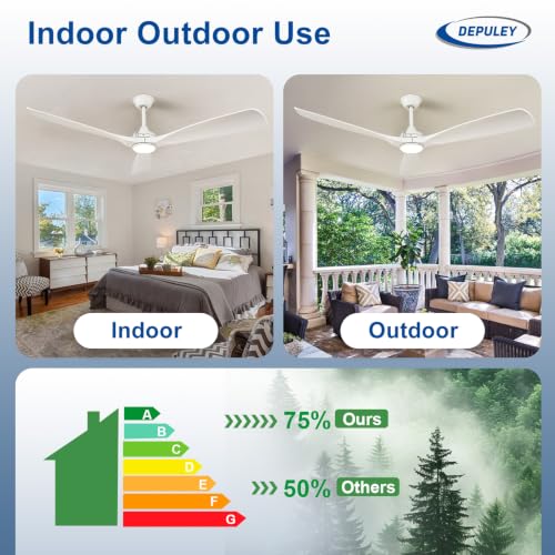 Image of Depuley 60-Inch Ceiling Fan with Light: White 3 Blade Outdoor Fans for Patios - Dimmable Indoor Fan with Remote Control Living Room Fandelier Ceiling Fans for Living Room Reversible 6 Speed