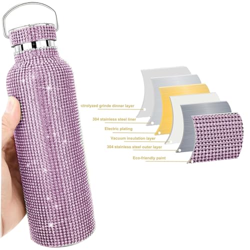 GIONAR 750ml Diamond Water Bottle, Bling Stainless Steel Water Bottles,Waterbottle with Diamond & Chain, Thermal Water Bottle - Image 3