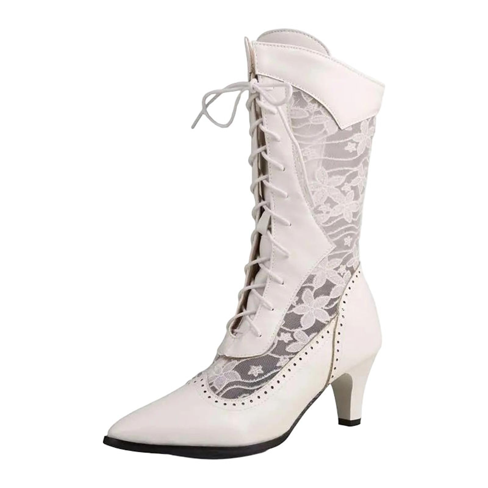Womens Breathable Mid-Calf Boots Pointed Toe Block Heels With Mesh Panels Floral Splice And Lace-Up Front Detail