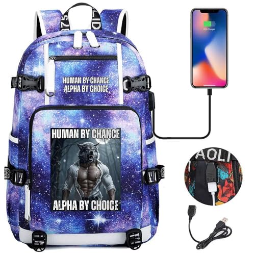 Human By Chance Alpha By Choice College Bags, Durable Outdoor Laptop Backpack, Alpha Wolf Meme Large Capacity Mochila (Universe blue)2