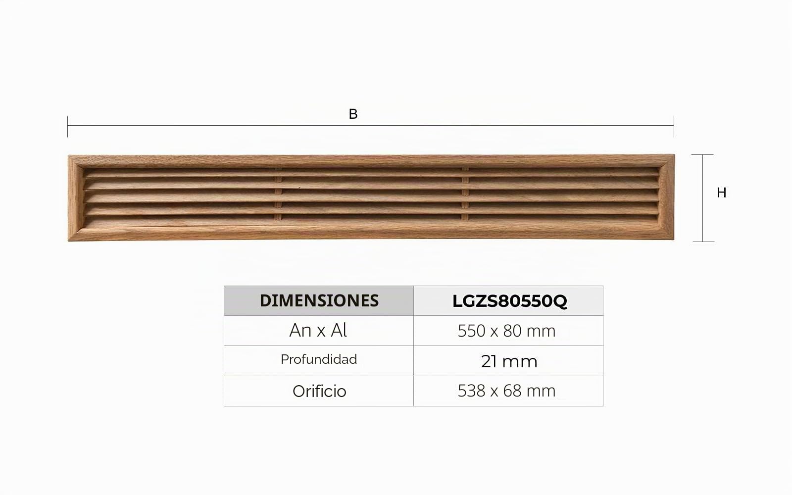 La Ventilazione LGZS80550Q Rejilla de ventilación rectangular de madera de roble, empotrable, 550 x 80 mm