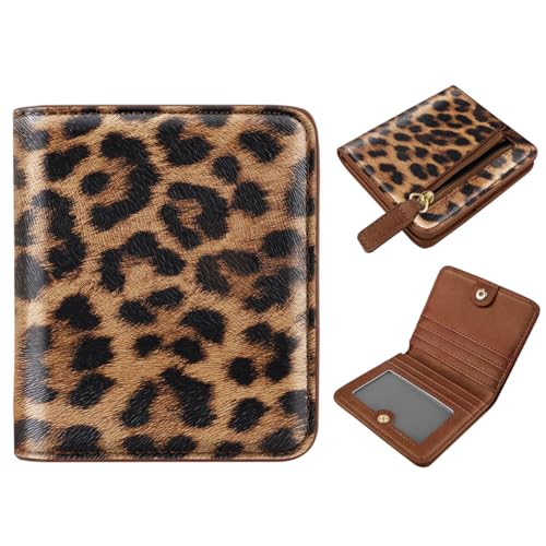 RFID Blocking Small Wallet Compact Bifold Pocket Credit Card Holder Leather Coin Slot Mini Purse with ID Window for Women or Men, Leopard