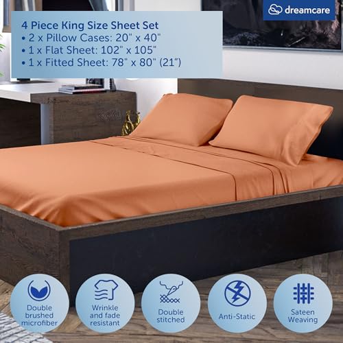 Image of DREAMCARE King Size Sheets Set - 4 pcs Breathable Cooling Sheets - up to 21 inch Extra Deep Pocket King Sheet Set with Side Pockets - Extra Soft 100% Brushed Hypoallergenic Hotel Luxury Bedding, Terracota