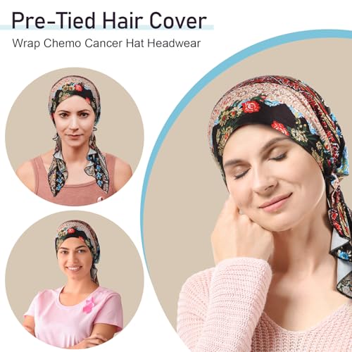 Image of Halfchet 4 Pcs Chemo Headwear for Women Pre Tied Cancer Caps Head Scarf Turbans for Women Patients Gifts