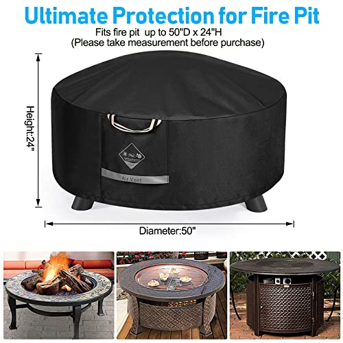 Qh.home Fire Pit Cover Round 900D Strong Tear Resistant - 100% Waterproof Outdoor Fire Pit Cover With Pu Coating, Upf 50+ Firepit Covers Round Uv Resistant And Fading Resistant, (50" D X 24" H, Black) #TOP3