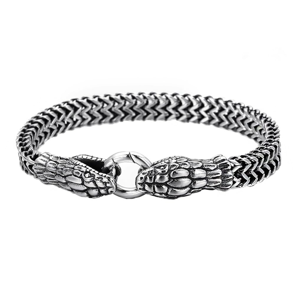 TQWSVUM Men's Stainless Steel Snake Head Bracelet - Nordic Viking Ouroboros Mesh Chain Bangles - Fashion Heavy Metal Punk Rock Animal Amulet Wristband Biker Jewelry Gift (Color : Silver, Size : 19CM)
