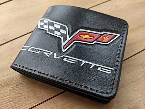 Men's 3D Genuine Leather Wallet, Hand-Carved, Hand-Painted, Leather Carving, Custom wallet, Personalized wallet, Sports Car, Vette, Corvette Design3