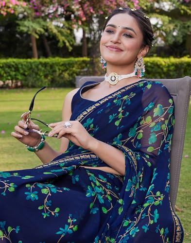 Image of SIRIL Women's Printed Chiffon Saree with Unstitched Blouse Piece