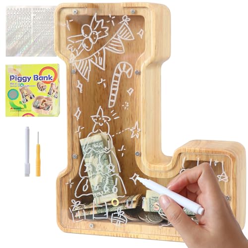 Image of weallbuy Large Letter Piggy Bank for Kids Boys Girls Wooden Personalized Piggy Banks A-Z with Target Area Clear Alphabet Banknote Coin Banks for Gift Decoration Baptism (L)