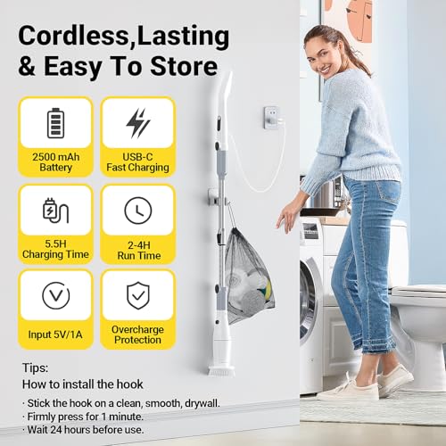 Image of Electric Spin Scrubber, Cordless Cleaning Brush Shower Scrubber Up to 550 RPM with 9 Replaceable Brush Heads, Bathroom Scrubber Adjustable Extension Handle for Cleaning Bathroom Kitchen(Grey)