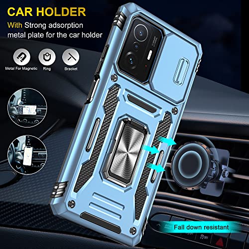 Image of Polycarbonate Slide Camera Cover with Ring Holder Mobile Phone Back Cover for Xiaomi 11T /Xiaomi 11T Pro (Blue)