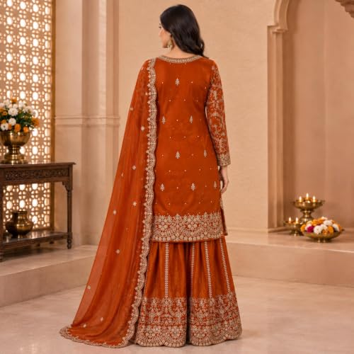 Image of Women's Ethnic Plazzo Suit Set with Kurta & Dupatta | Fendy Fabric Embroidered Kurta Set | Round Neck 3 /4 Sleeve Dress | Elegant Outfit