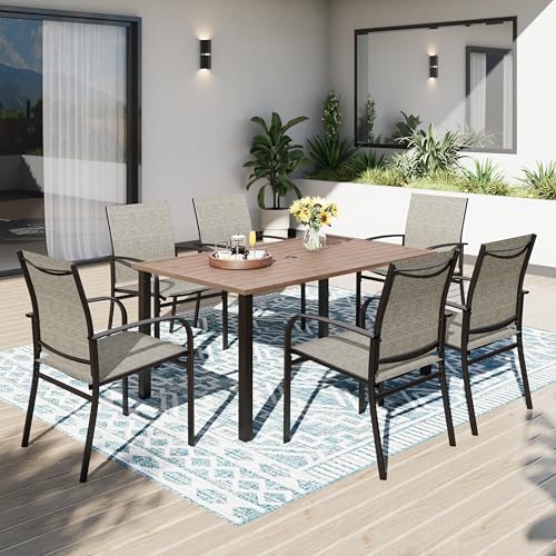 PHI VILLA Gartenmöbel Set Wetterfest für 6 Personen Outdoor Terrassenmöbel Set mit 6 x Braune Textilene-Esszimmerstühle mit Teakfarbenem Esstisch