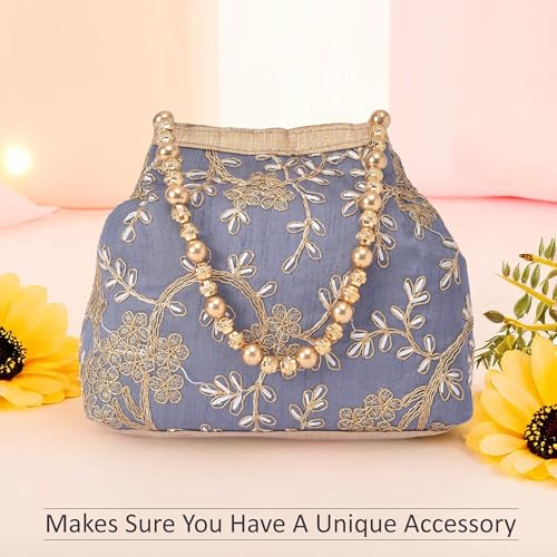 Image of Kuber Industries Pack of 2 Potli Bags for Ladies & Girls | Women Shagun Pouches for Festive Seasons | Bridal Purse | Moti Embroidery- Peach & Grey