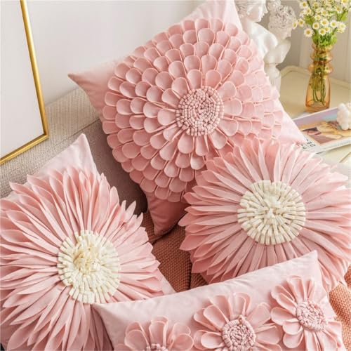 Housse de coussin fleurs roses avec broderie 3D faite main format 30x50cm