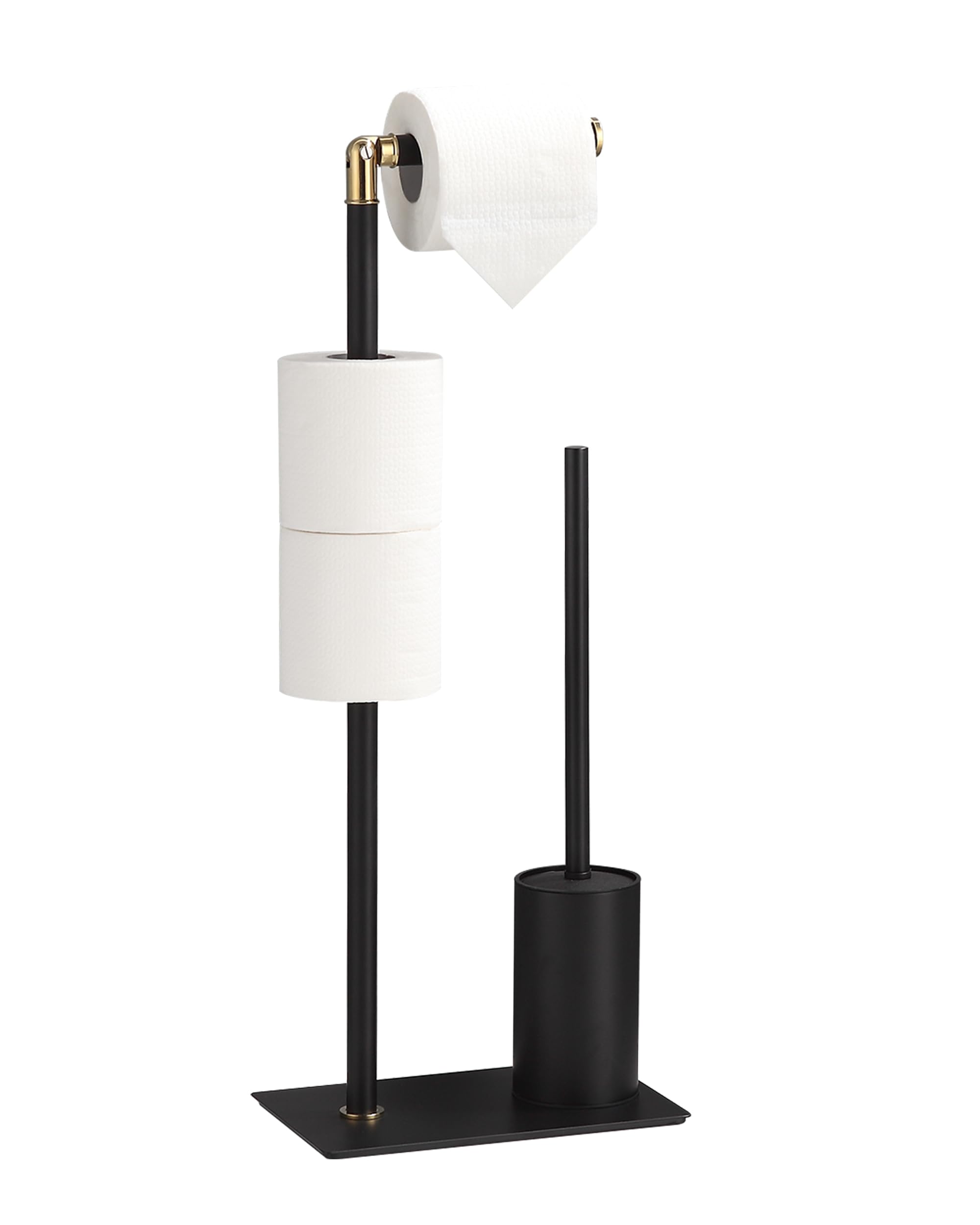 BVL Portarrollos de Papel Higiénico de Pie, Negro con Detalles Dorados | De acero inoxidable 3 en 1 que ahorra espacio para 3 ruedas, base estable
