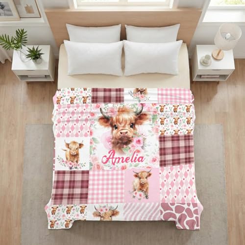 Image of Personalized Highland Cows Blankets,Custom Cow Gifts for Girls Boys,Soft Lighweight Flannel Cow Throw Blanket with Name,30 inchx40 inch