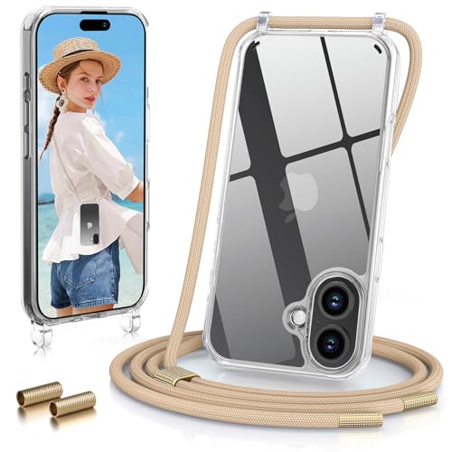 GOODVISH Handykette für iPhone 17 Hülle mit Band Kameraschutz und Bildschirmschutz Necklace Handyhülle mit Schnur Schutzhülle für zum Umhängen Transparent Case mit Kordel 6.3 Helbraun